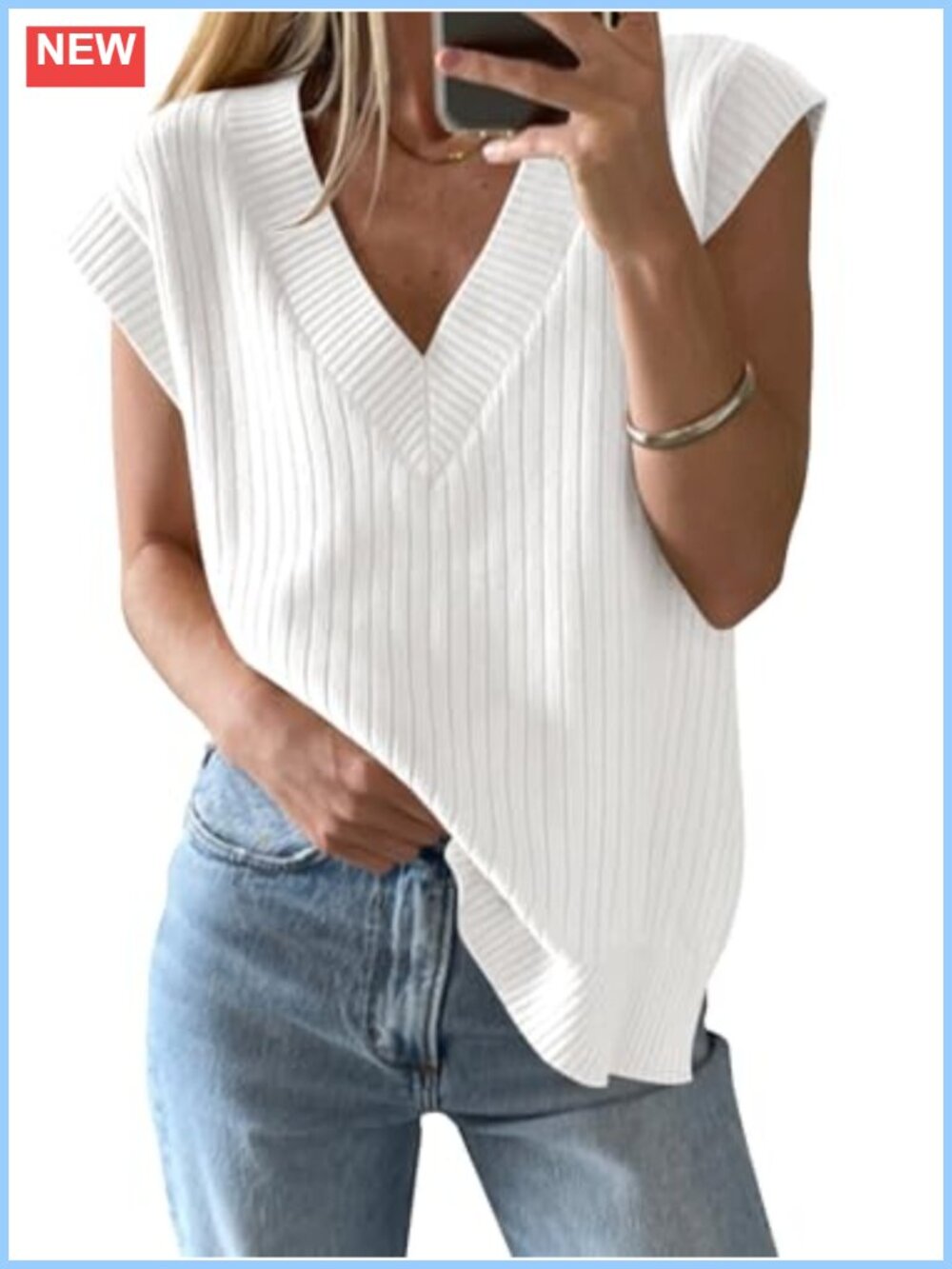 Ribbed Knit Sleeveless V Neck Sweater Vest Loose Fit Cap Sleeve Tank Top